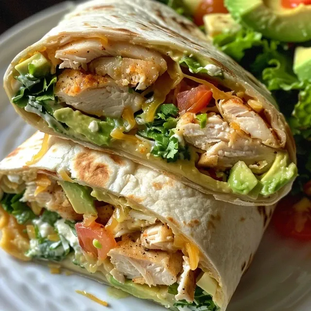 Side view of a Chicken Avocado Burrito, showcasing its juicy filling and tortilla wrap.