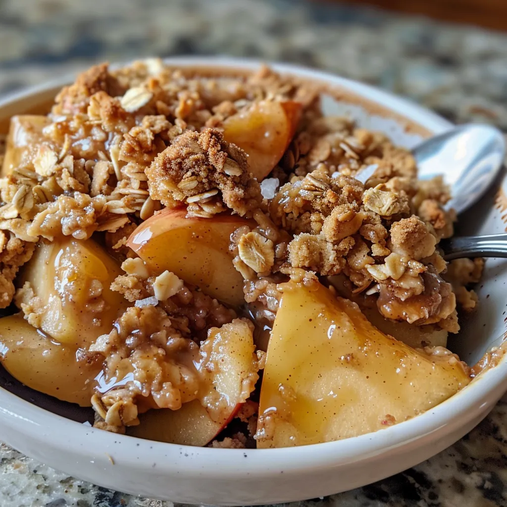 Side view of a warm almond butter apple crisp, showcasing the baked apples and crumbly topping.