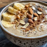 A close-up side view of a banana smoothie bowl topped with almond slices and banana slices.