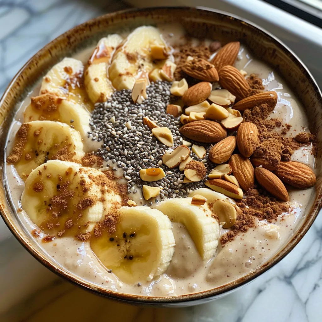 A richly colored almond butter banana smoothie bowl garnished with nuts and spices.