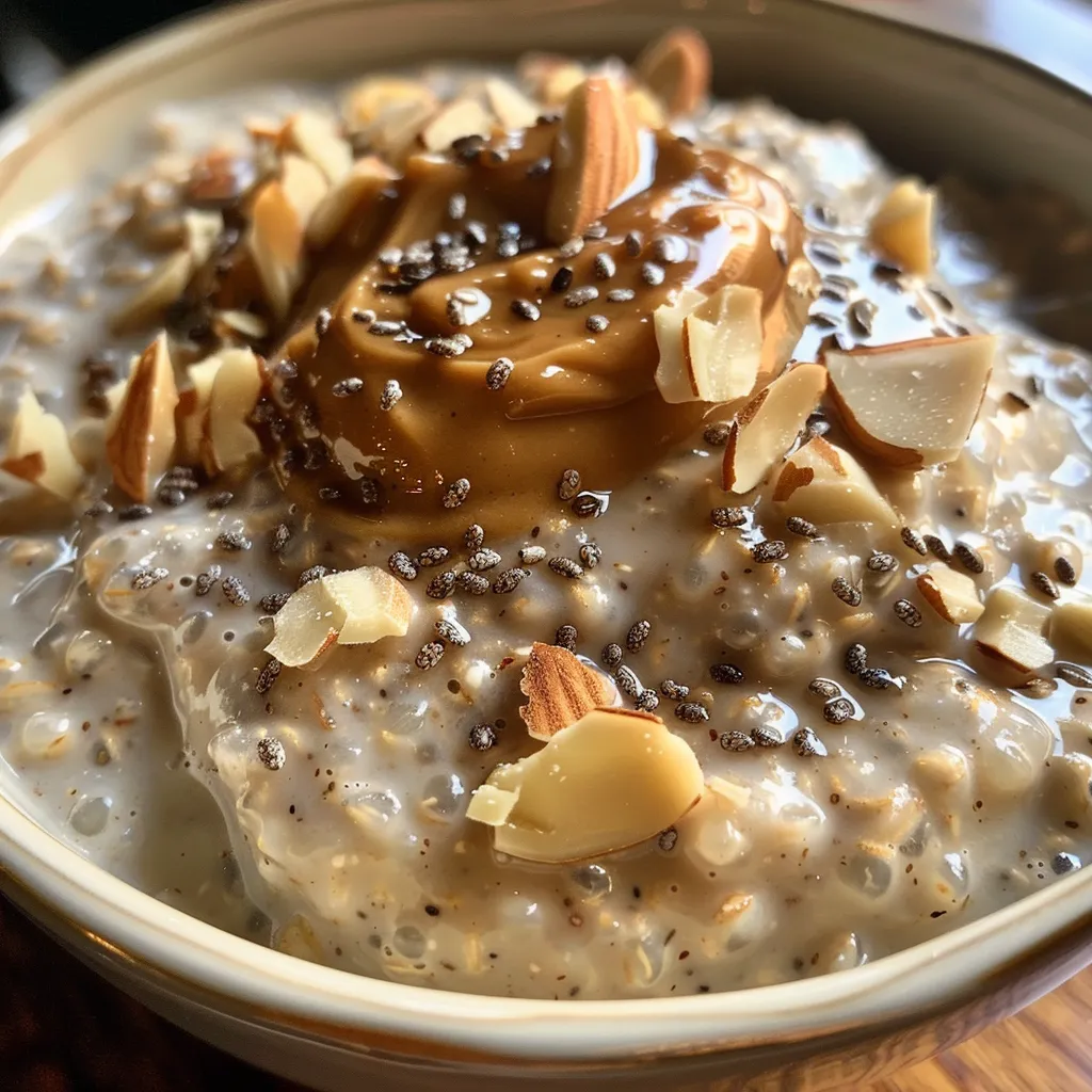 Close-up view of creamy almond butter overnight oats in a glass jar, topped with chia seeds.