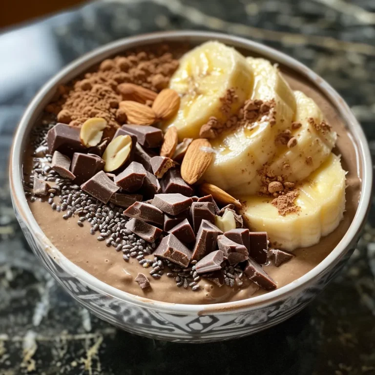 Savor the Bliss Whip Up a Delicious Almond Chocolate Smoothie Bowl! Close-up view of a creamy Almond Chocolate Smoothie Bowl topped with banana slices and almonds.