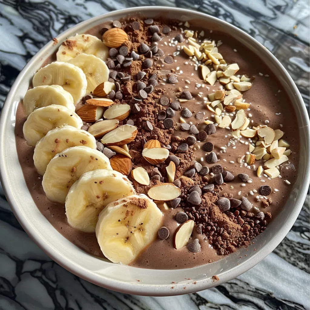 Side view of a vibrant smoothie bowl featuring almond and chocolate flavors with muesli garnish.