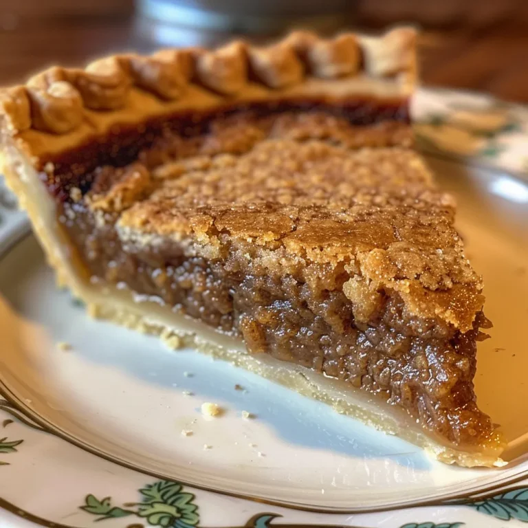 A close-up view of a slice of Amish Shoofly Pie with a golden crust and rich filling.