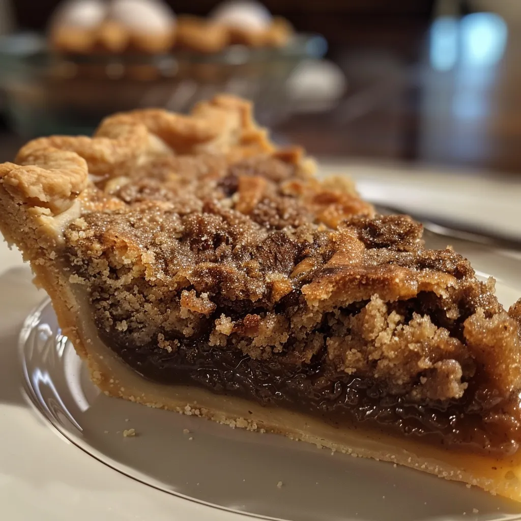 Side view of a delicious Amish Shoofly Pie showcasing its flaky crust and dark molasses filling.