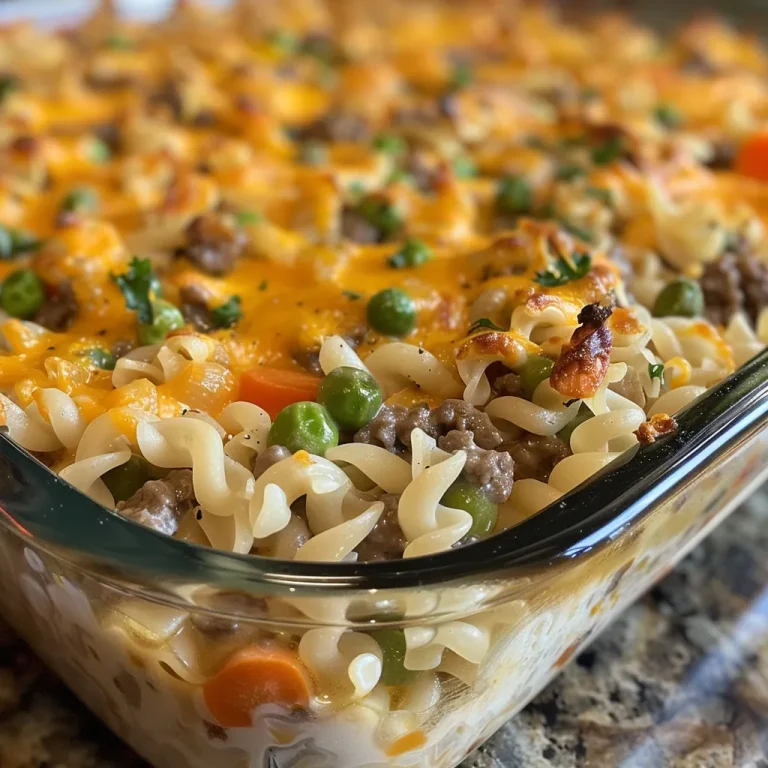 Side view of a hearty Amish Sunday Savior Casserole in a baking dish, showcasing layers of meat, vegetables, and cheese.