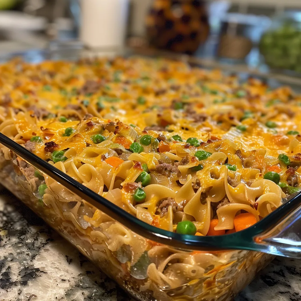 Close-up of a delicious Amish casserole with visible ground beef, carrots, peas, and melted cheese on top.