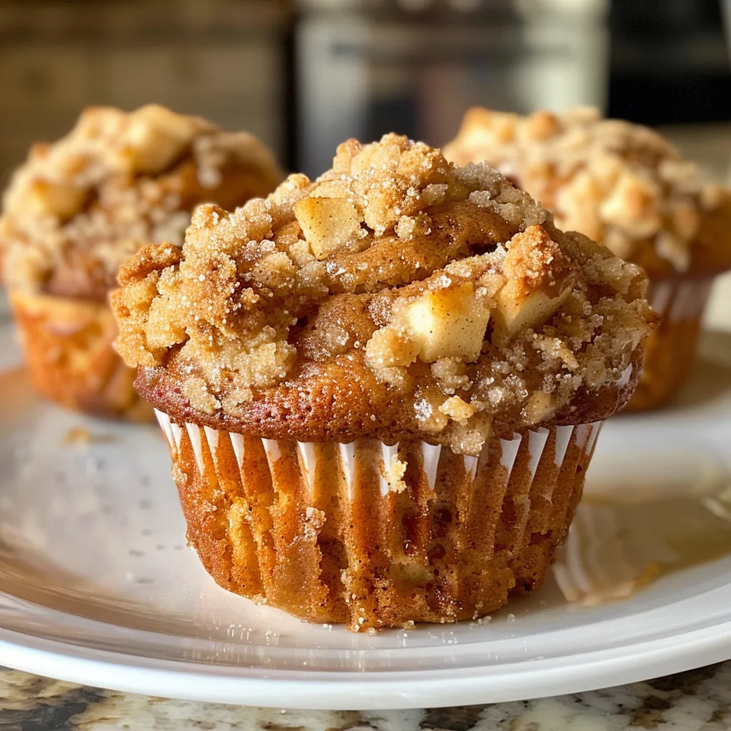 Close-up of freshly baked Apple Cinnamon Streusel Muffins with a golden-brown topping.