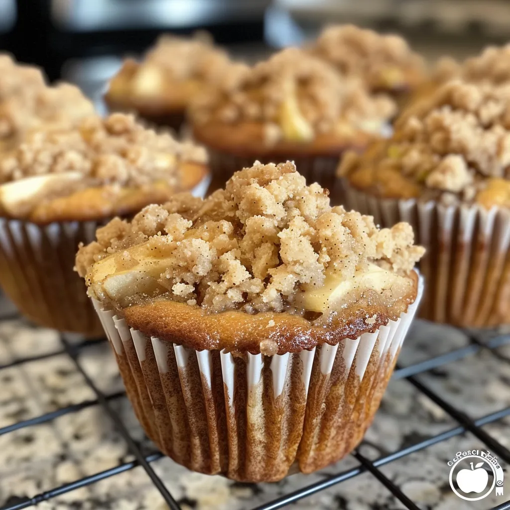 Side view of delicious apple cinnamon muffins topped with streusel, showcasing their texture.