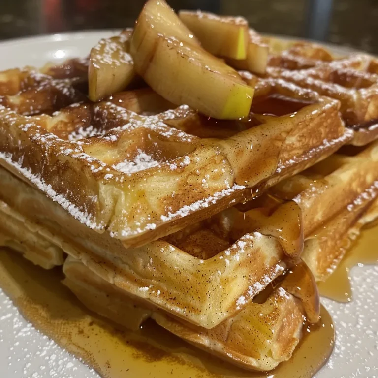 Close-up of golden brown apple cinnamon waffles topped with apple slices.