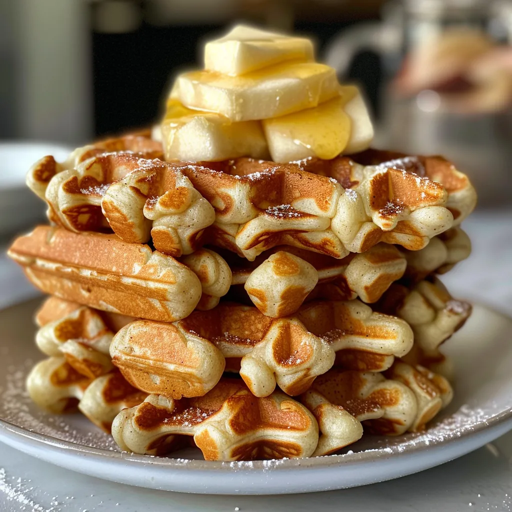 Side view of a stack of fluffy apple cinnamon waffles drizzled with syrup.