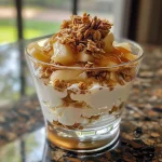 A close-up side view of a layered Apple Cinnamon Yogurt Parfait in a clear glass container.
