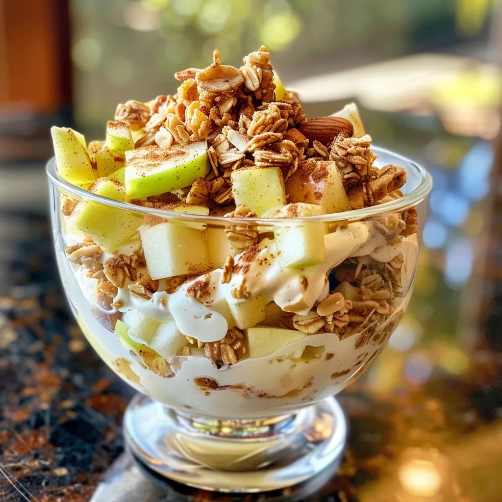 A side view of a delicious Apple Cinnamon Yogurt Parfait featuring layers of yogurt, apple, and granola.
