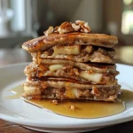 Close-up view of stacked Apple Oat Pancakes topped with spiced apples and walnuts.