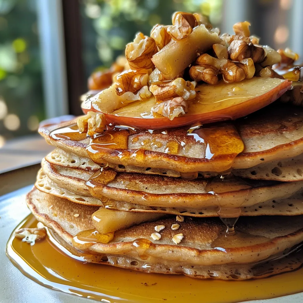 Side view of fluffy Apple Oat Pancakes garnished with butter and caramelized apple chunks.