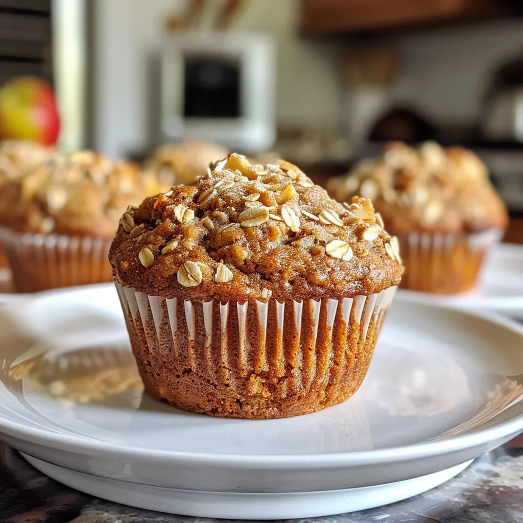 Side view of freshly baked Apple Oatmeal Muffins, showcasing their moist texture.