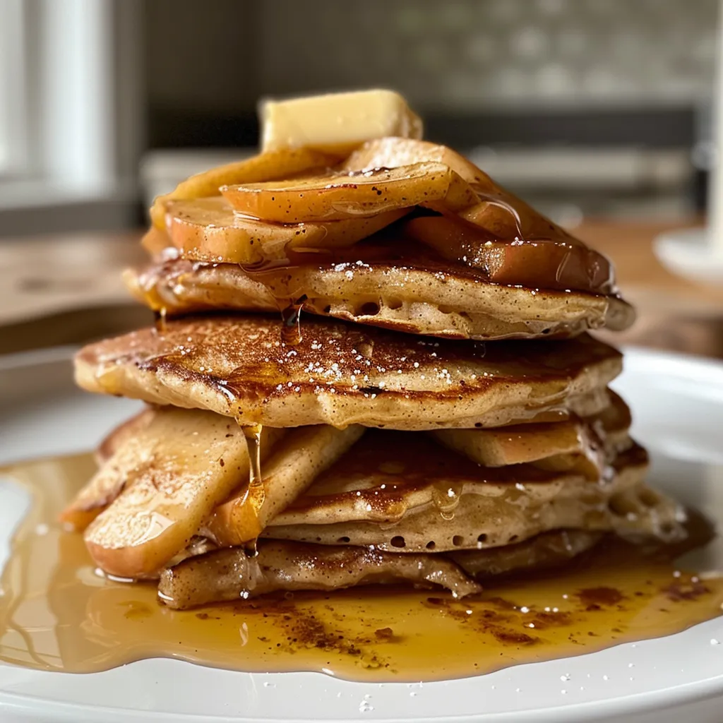 Close-up view of fluffy apple pancakes topped with syrup and grated apples.