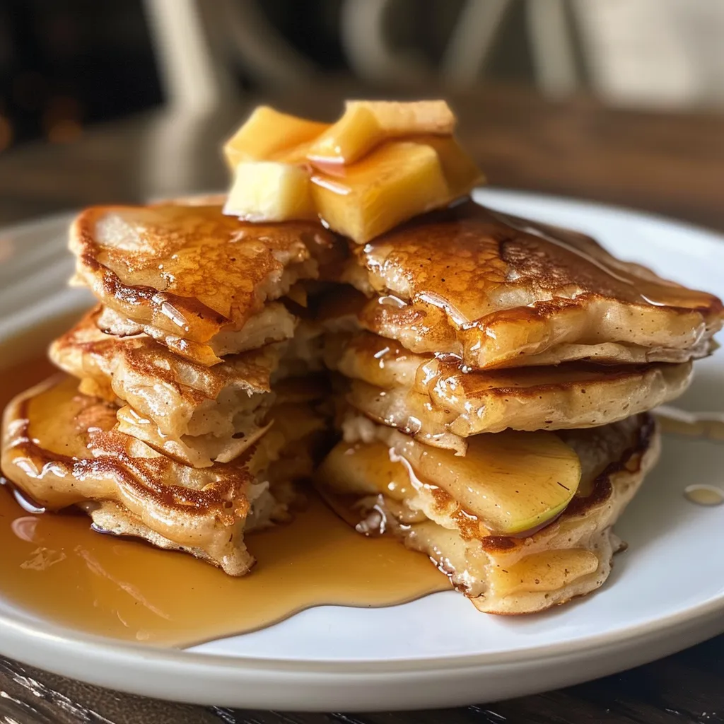 Side view of golden-brown apple pancakes with melted butter and syrup drizzled on top.