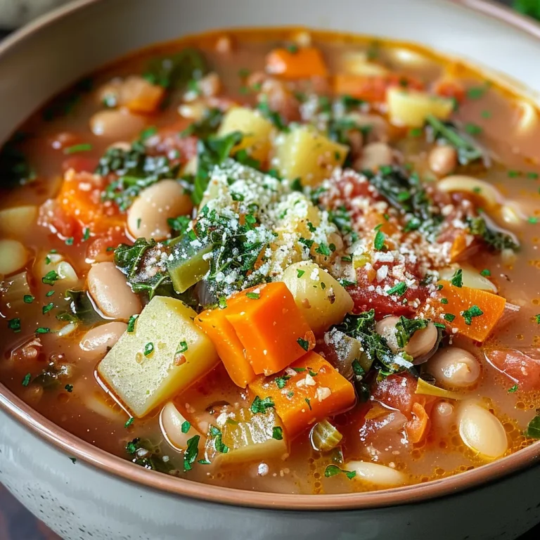 Embrace the Heartwarming Magic of Authentic Italian Minestrone Soup A vibrant bowl of Authentic Italian Minestrone Soup with colorful vegetables and garnishes.