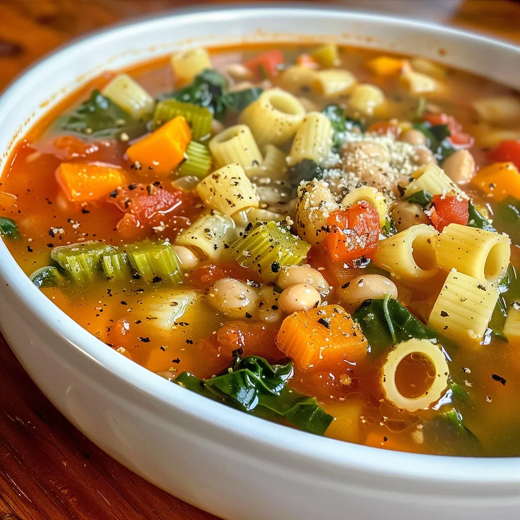 Close-up of a hearty bowl of minestrone soup showcasing fresh ingredients and pasta.