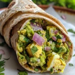 Close-up of a creamy avocado egg salad wrap with vibrant green and yellow colors.