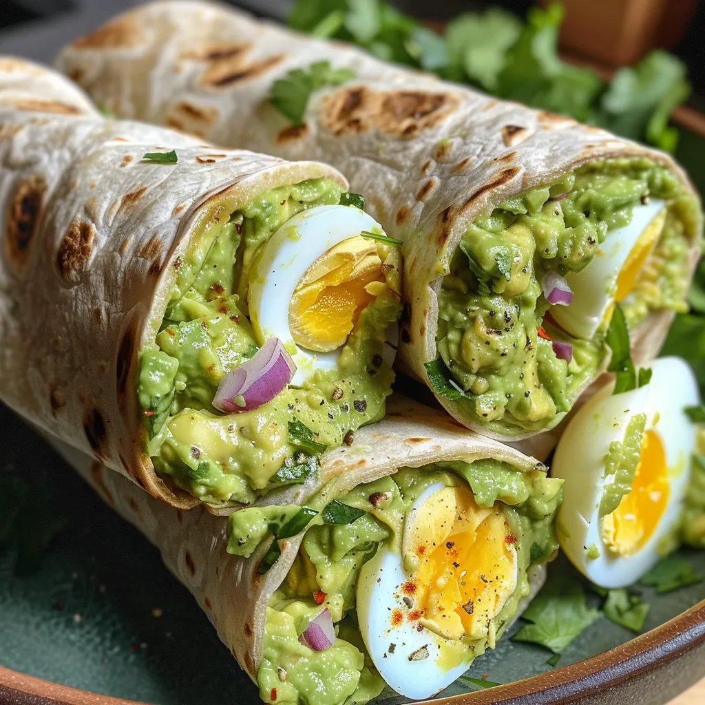 Side view of a whole wheat tortilla filled with mashed avocado and chopped hard-boiled eggs.