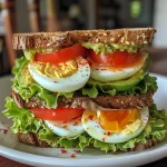 A close-up side view of a juicy avocado egg sandwich with fresh ingredients.