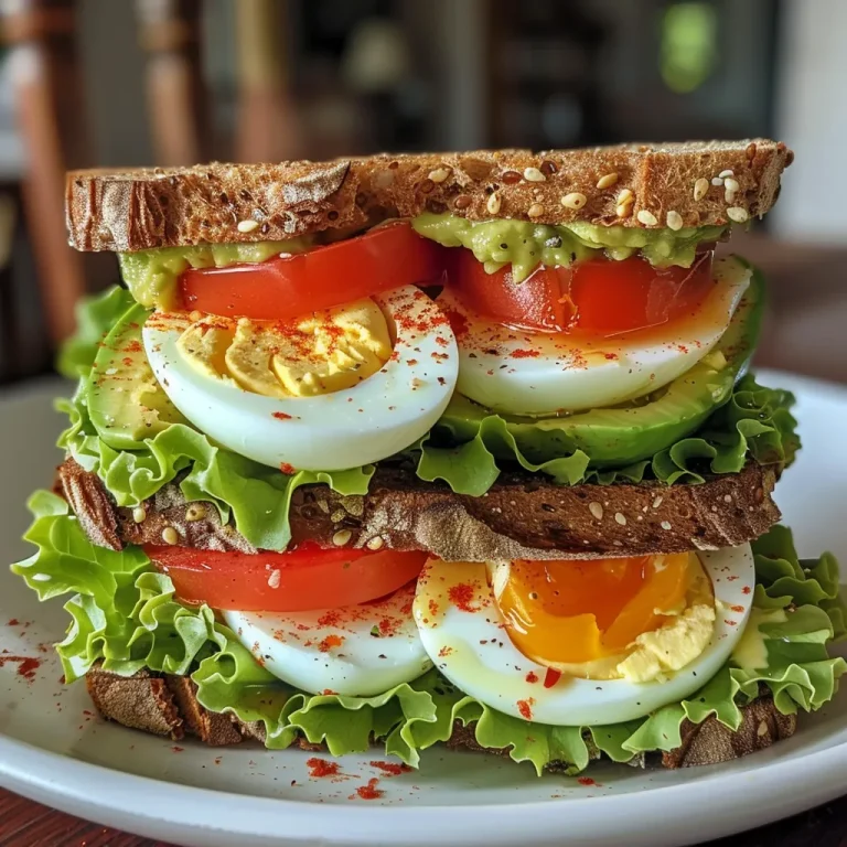 A close-up side view of a juicy avocado egg sandwich with fresh ingredients.