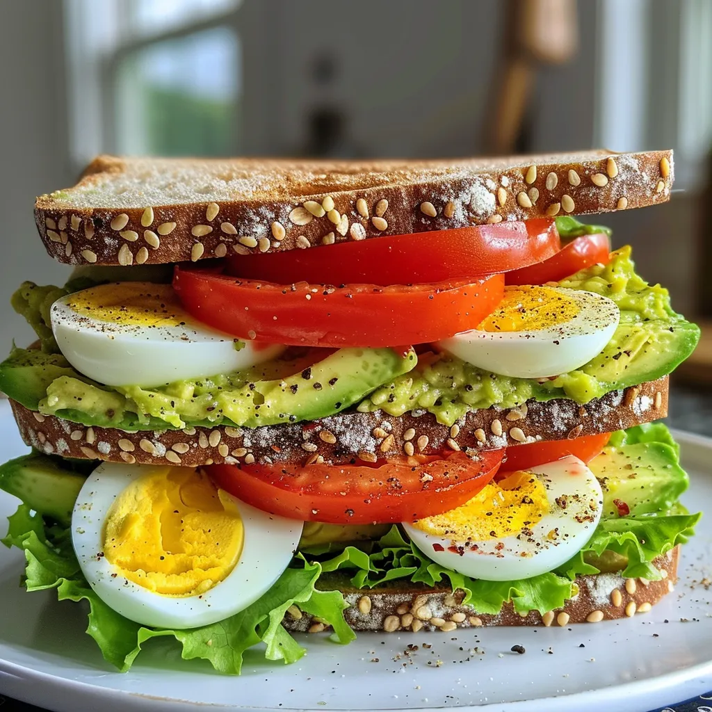 A vibrant avocado egg sandwich showcasing layers of avocado, hard-boiled eggs, and vegetables.