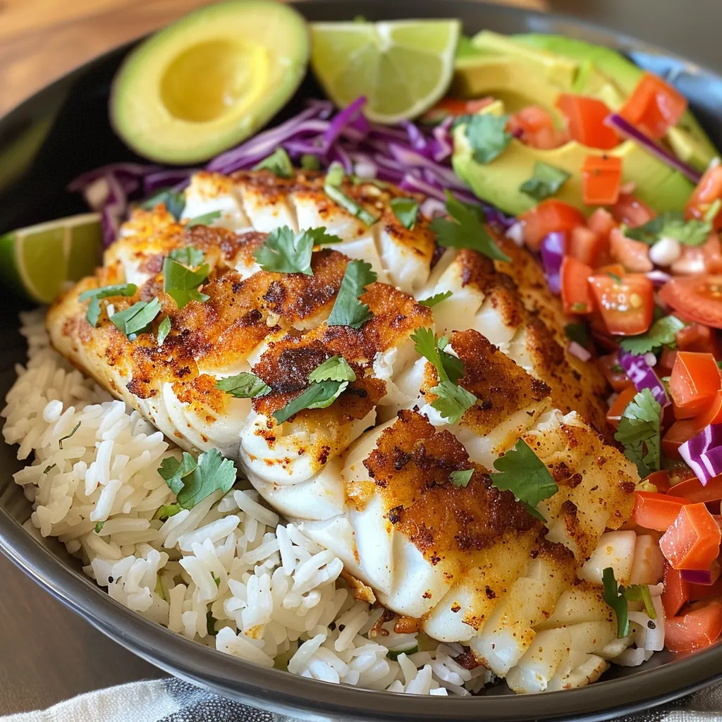 Side perspective of a colorful Baja Fish Taco Bowl with layers of fish, slaw, rice, and fresh toppings.