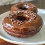 Close-up view of a baked chocolate protein donut topped with icing.