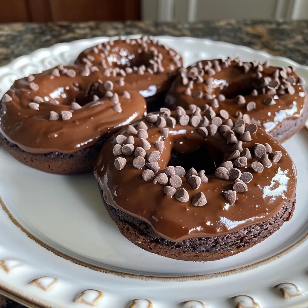 Side angle of a double chocolate protein donut with a glossy chocolate glaze.