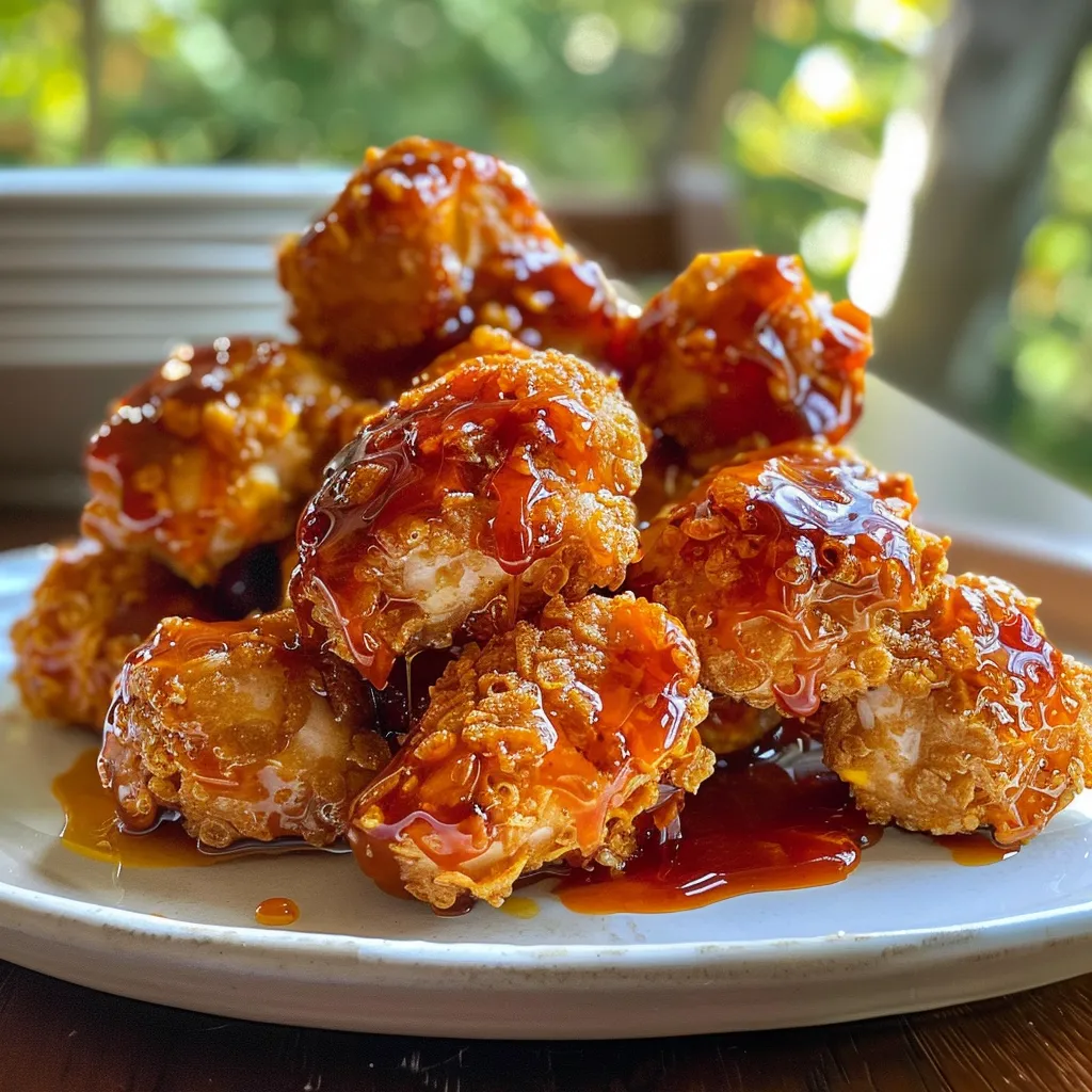Juicy Baked Honey BBQ Chicken Bites on a plate with a glossy sauce.