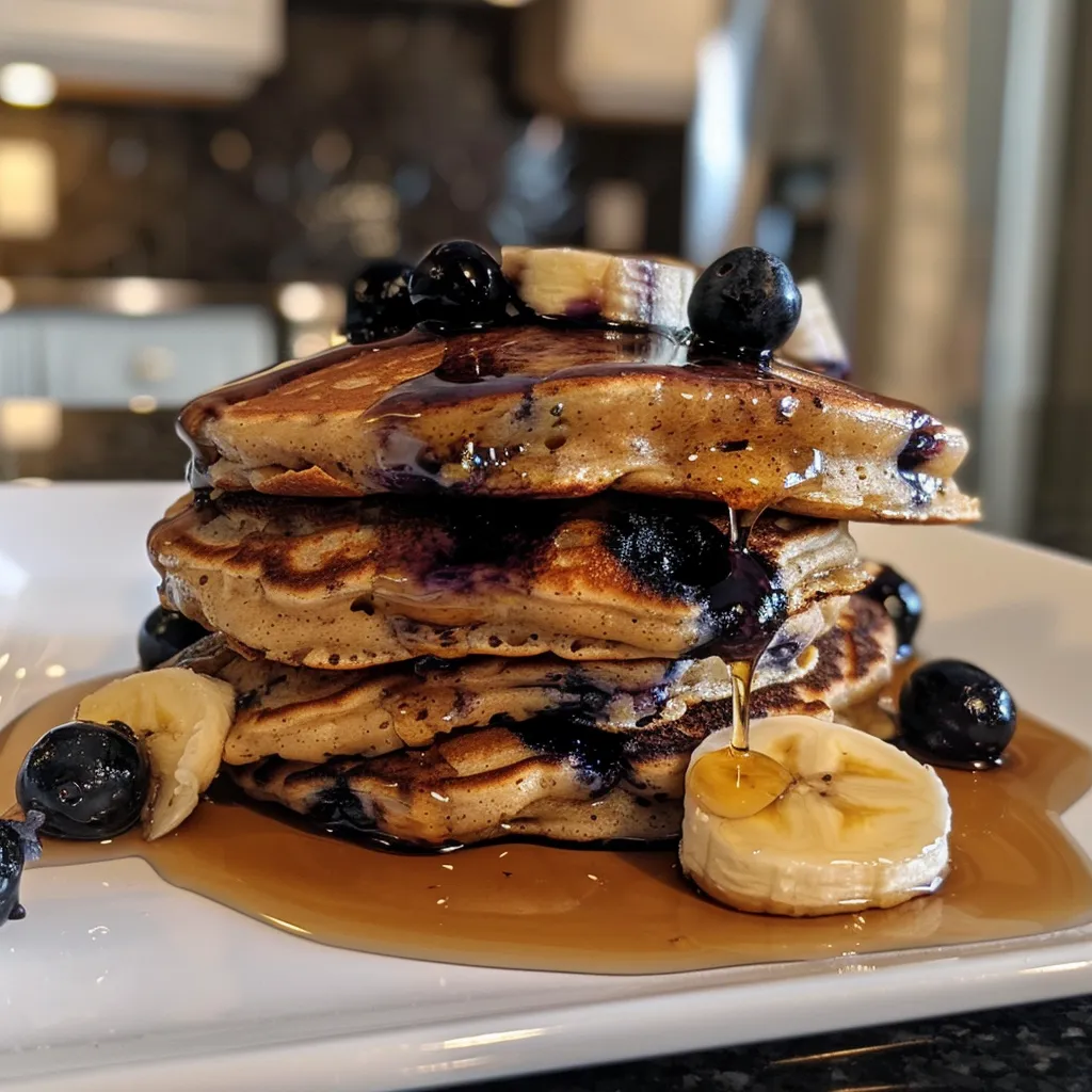 A side view of fluffy pancakes with visible banana and blueberry pieces, syrup drizzling.