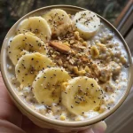 A close-up view of banana cinnamon overnight oats in a glass jar, topped with banana slices and a sprinkle of cinnamon.