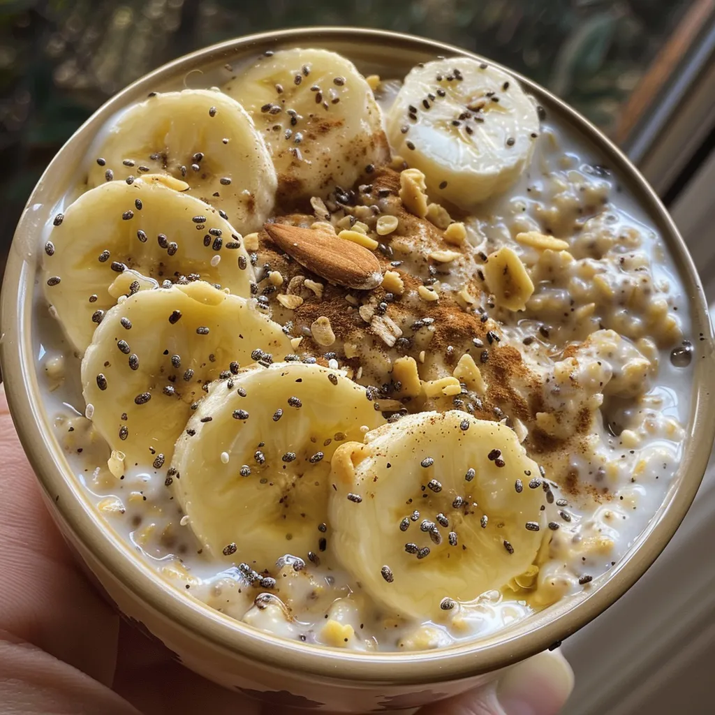 A close-up view of banana cinnamon overnight oats in a glass jar, topped with banana slices and a sprinkle of cinnamon.
