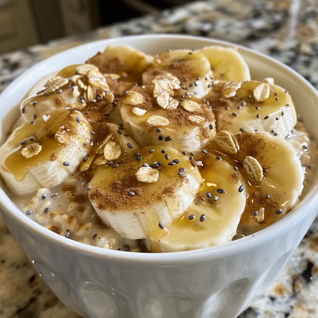 Side view of a serving of banana cinnamon overnight oats in a clear container, showcasing the creamy texture and ingredients.