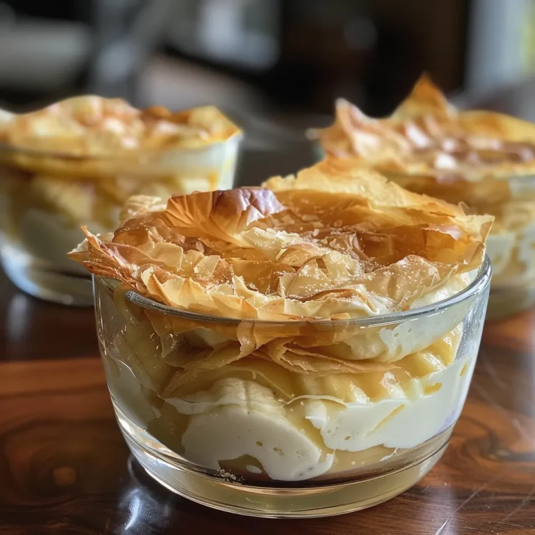 Close-up of a banana custard cup topped with toasted shredded phyllo on a white surface.