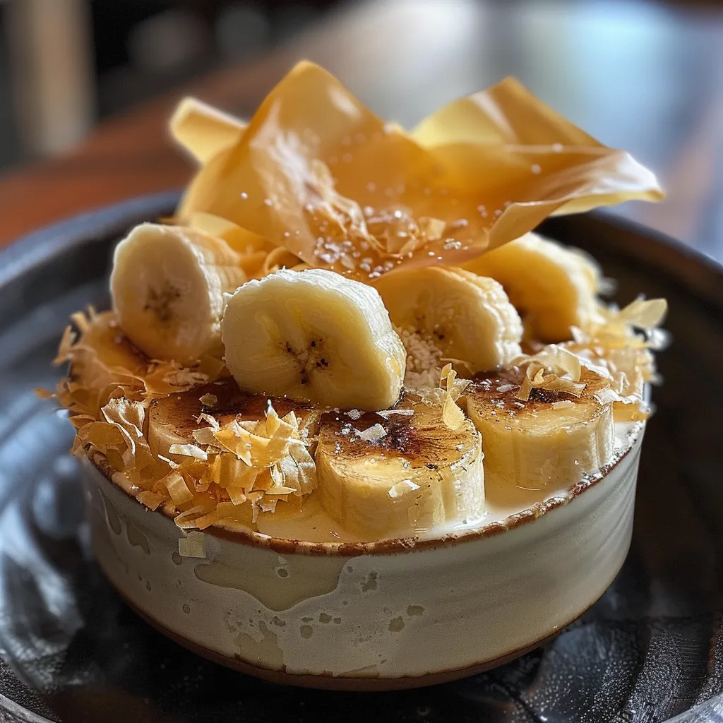 Side view of a delicious banana custard dessert with crispy phyllo strands visible.