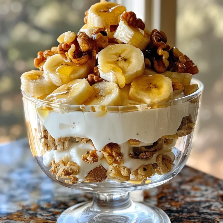 Start Your Day with a Smile The Ultimate Banana Nut Yogurt Parfait Close-up view of a banana nut yogurt parfait with sliced bananas, yogurt, and nuts.