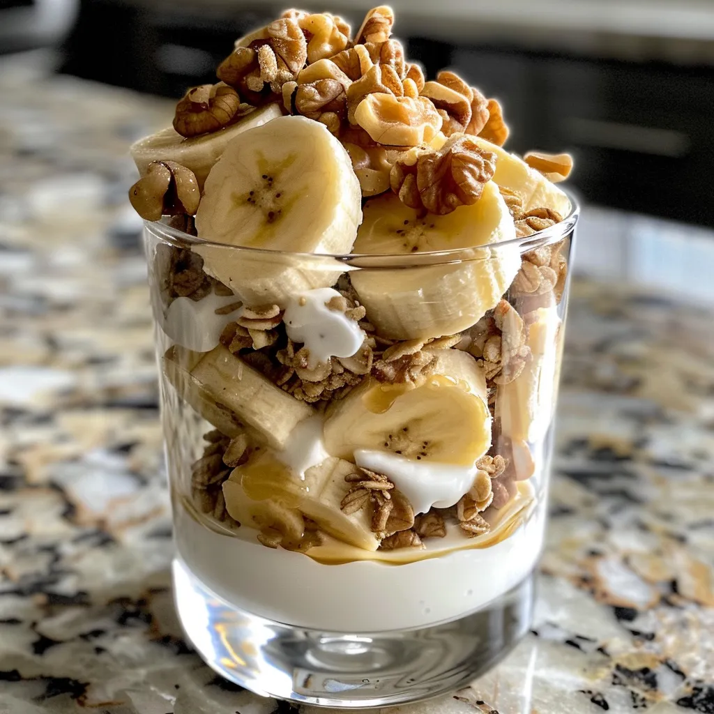Side view of a delicious layered banana nut yogurt parfait in a clear glass.