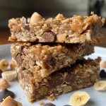 Close-up view of layered Banana Peanut Butter Oatmeal Bars with chocolate chips.