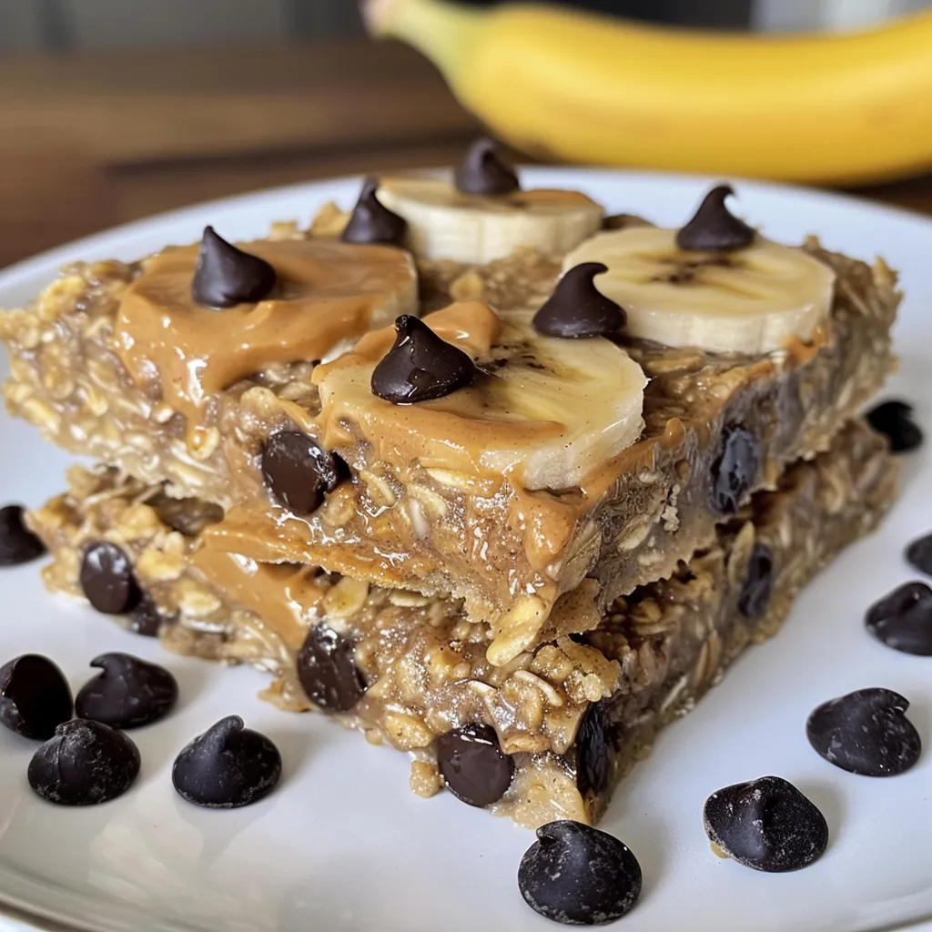 Side view of a stacked Banana Peanut Butter Oatmeal Bar with visible oats and chocolate pieces.