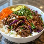 Juicy BBQ Pulled Beef Bowl with rice, cabbage, and carrots.