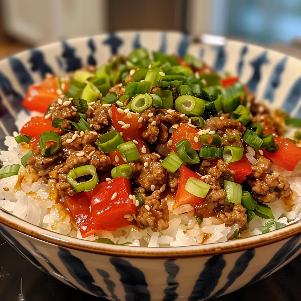 A side view of a delicious Beef and Pepper Rice Bowl with vibrant vegetables and garnishes, served on a white plate.