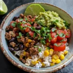 Close-up view of a Beef Burrito Bowl filled with rice, ground beef, black beans, and fresh toppings.