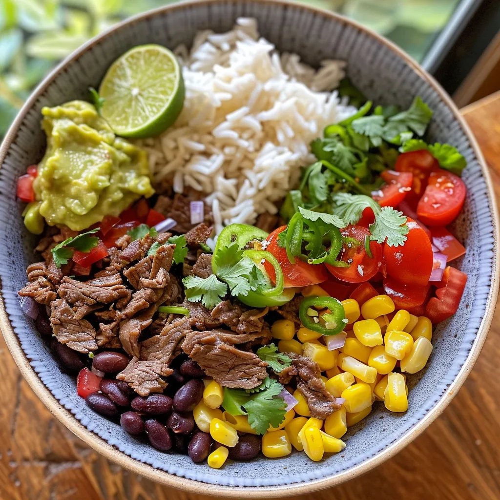 Side angle shot of a colorful Beef Burrito Bowl featuring rice, beef, corn, and toppings in a bowl.