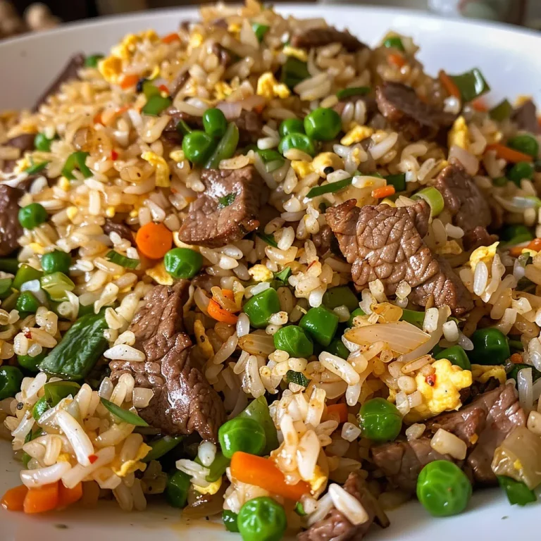 Stir Up Some Joy Your Ultimate Guide to Beef Fried Rice Bliss Close-up view of a plate of Beef Fried Rice garnished with vegetables.