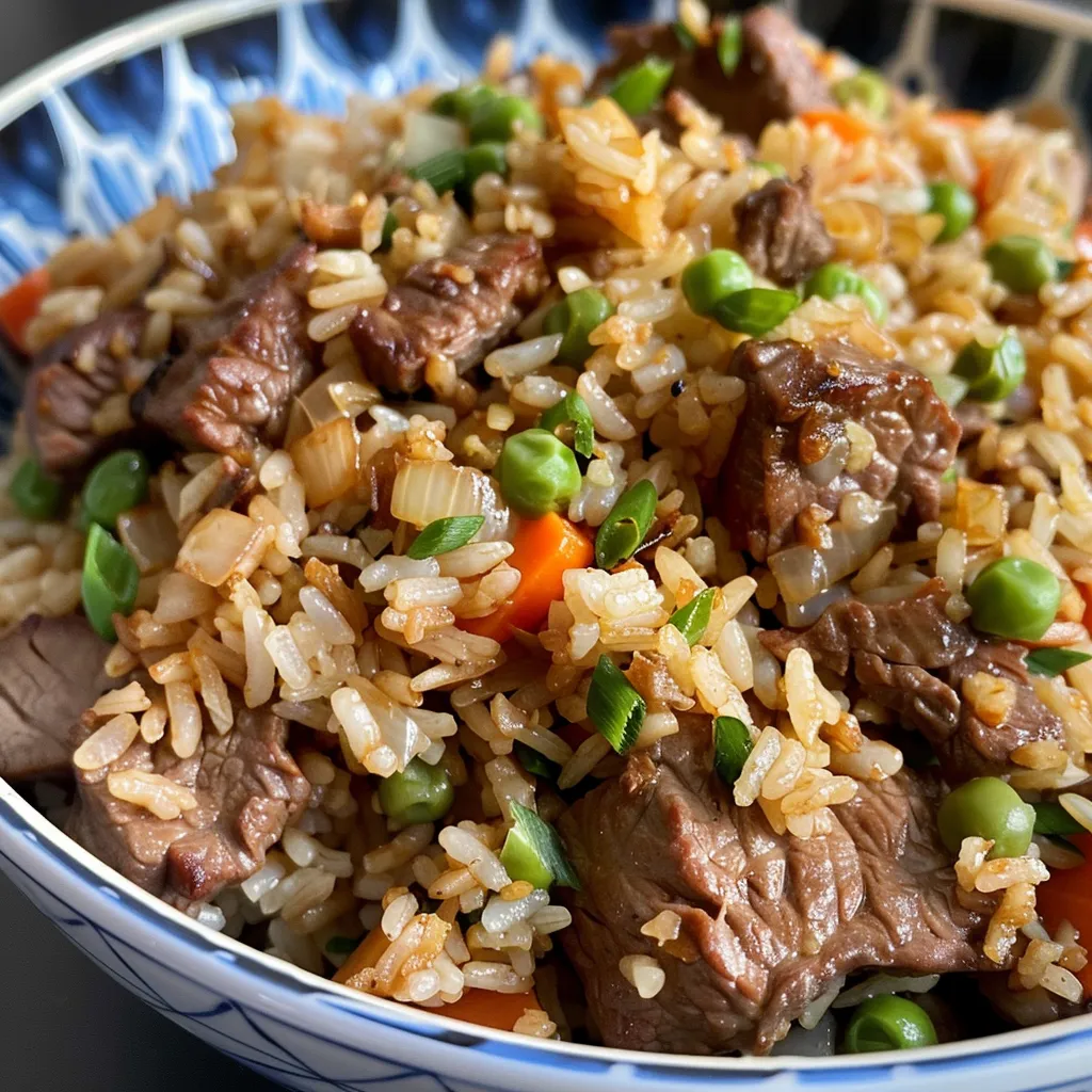 A side view of Beef Fried Rice with sliced beef and colorful vegetables.