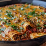 Close-up view of Beef Skillet Enchiladas with melted cheese and garnished with cilantro.